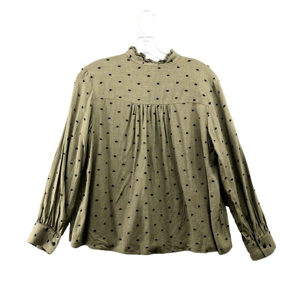 Zara Long Sleeve Blouse Womens S Olive Green High Neck Keyhole Swiss Dot - Picture 2 of 9